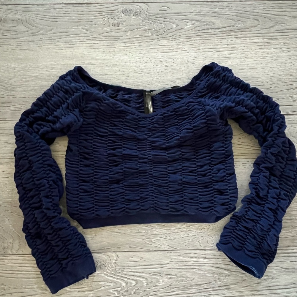 Navy Textured Long-Sleeve Crop Top